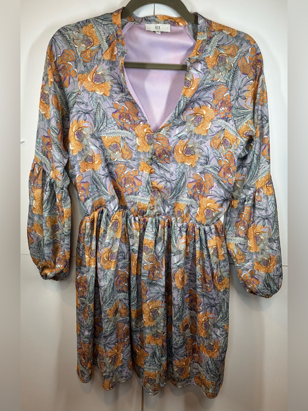 NSR Floral Boho Mini Dress XS Lilac Orange Long Sleeve Peasant Dress